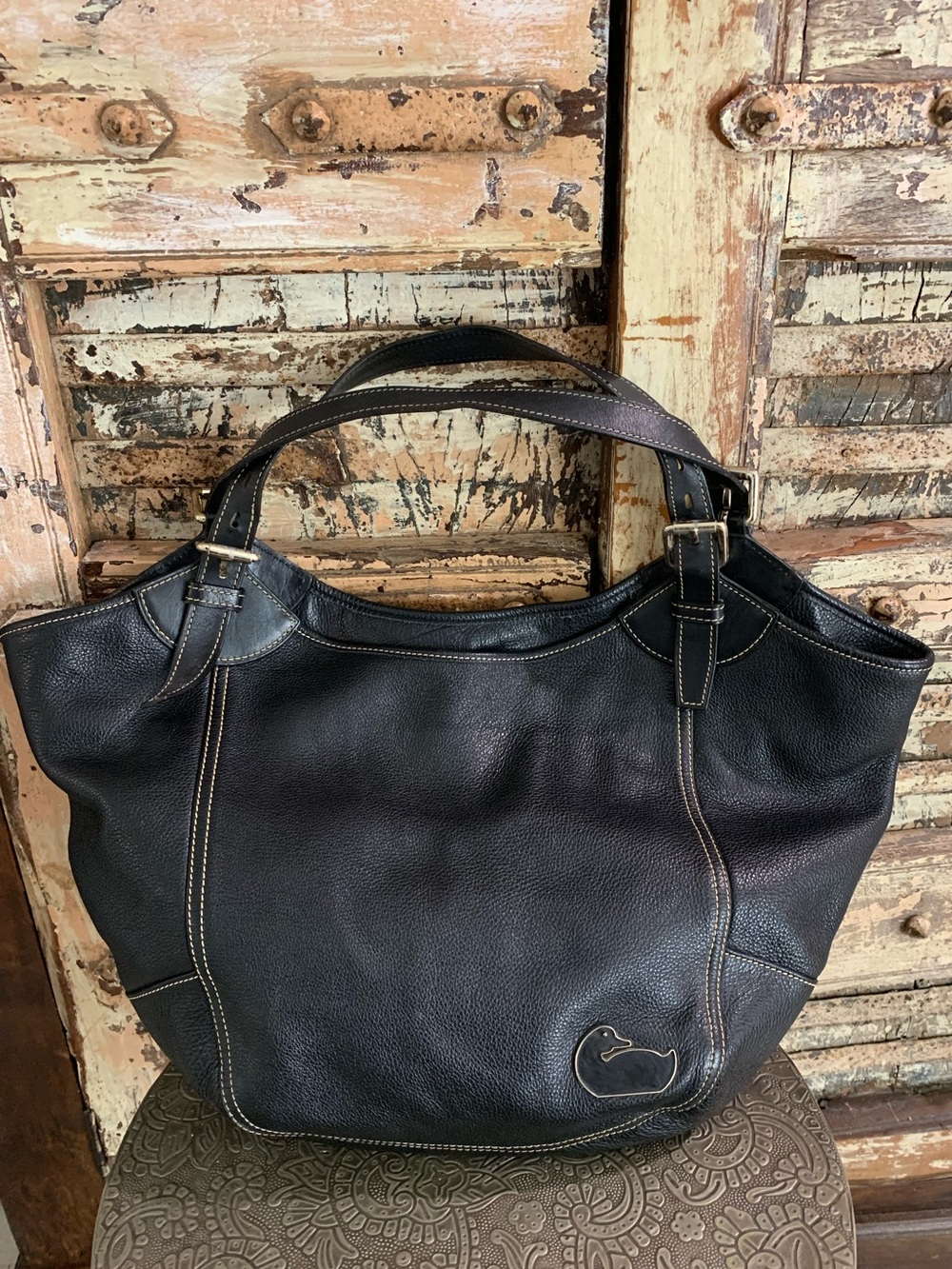 Dooney & Bourke Pebbled Leather Large Black Hobo Tote Bag, Classic Slouchy Purse